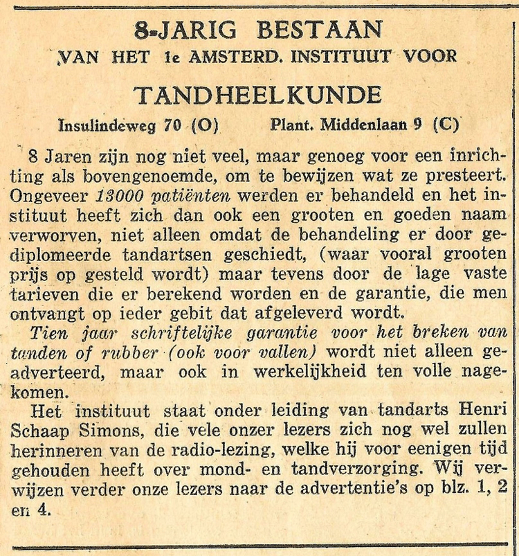 Insulindeweg 70 8 Jarig bestaan - Wiering's Weekblad 25-4-1935  