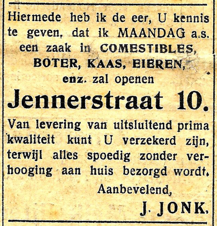 Jennerstraat 10 - 1925 .<br />Bron: Diemer Courant 