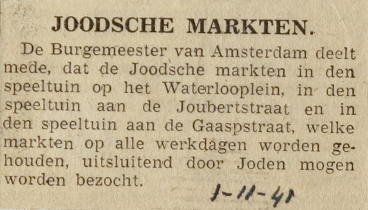 De Telegraaf van 1 november 1941. Bekendmaking in een vermaard dagblad dat er speciale markten voor Joden zijn. Bron: Collectie Joods Historisch Museum, Amsterdam. 