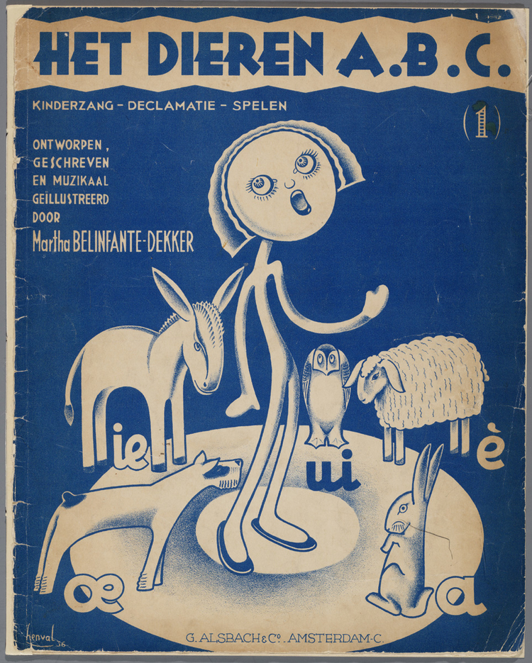 Het Dieren A-B-C. Het Dieren-A.B.C. (band 1) werd door Martha Belinfante-Dekker geschreven in (ongeveer) 1930, uitgever: Alsbach & Co. Bron: Joods Historisch Museum, Amsterdam. Collectie: Jaap van Velzen. 
