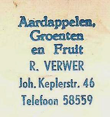 Joh. Keplerstraat 46 Advertentie R.Verwer Groenteman - ± 1965  