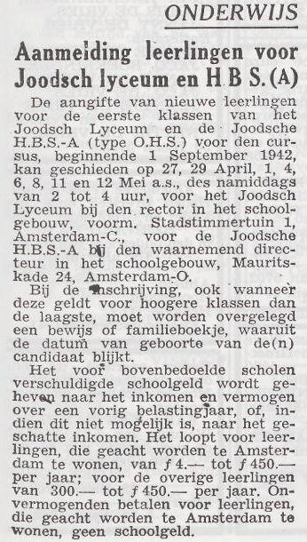 Aanmelding nieuwe leerlingen. Uit: Het Joodsche Weekblad: uitgave van den Joodschen Raad voor Amsterdam van 24 april 1942. Bron: Historische Kranten KB. 