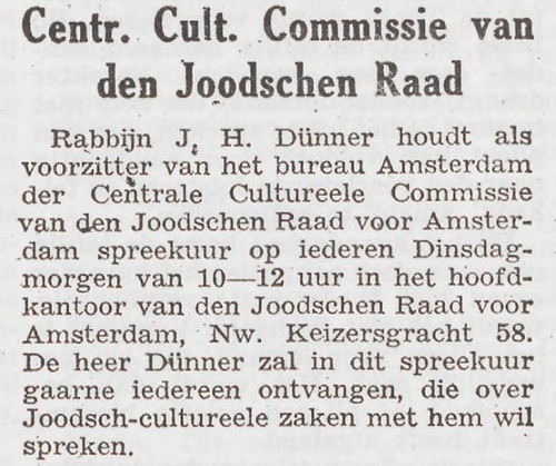 Rabbijn Dünner in een 'andere functie'. Bron: Het Joodsche Weekblad van 02-01-1942 (Historische kranten, KB) 