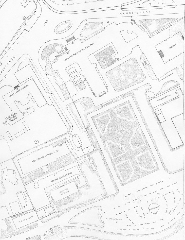 Plattegrond van een deel van Het oosterpark. Deze kaart van de Dienst Openbare Werken dateert uit 1966. De ligging van het Beatrixoord ten opzichte van het KOninklijk Insitituut van de Tropen is goed zichtbaar.<br />Bron: Gemeentearchief Amsterdam. 