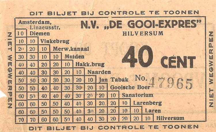 Kaartje Gooische Stoomtram 1928 .<br />Bron: Jan van Deudekom 