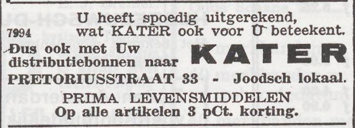 Advertentie Fa. H. Kater. Uit: Het Joodsche Weekblad: uitgave van den Joodschen Raad voor Amsterdam van 22 januari 1943. Bron: Historische Kranten KB. 