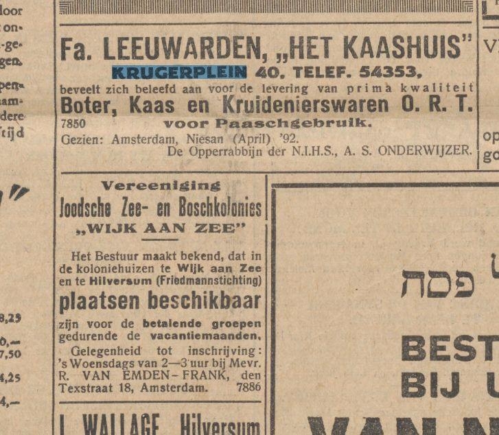 Advertentie voor Het Kaashuis. Deze afbeelding van een advertentie is afkomstig uit “Transvaalkwartier”. Het Transvaalkwartier was een onderdeel van het Wiering’s Weekblad.<br /> Ik heb heel toevallig in het gemeentearchief één nummer, van 28 februari 1935, kunnen terugvinden. Dit exemplaar was ook nog eens niet volledig. Deze advertentie is van 'Historische Krantensite' van de Koninklijke Bibliotheek. <br />Hij is afkomstig uit het Nieuw Israëlitisch Weekblad, 20 april 1932. 
