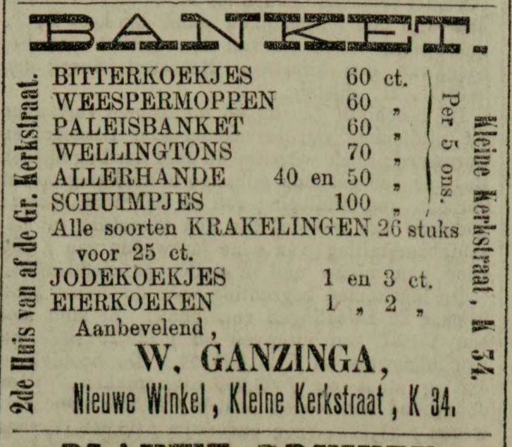Advertentie voor Bakker W. Ganzinga. Uit de Leeuwarder courant van 04 sept. 1885. Bron: Historische Kranten, KB. 