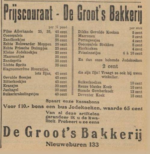 Advertentie van ‘De Groot’s Bakkerij’. Uit het Leeuwarder Nieuwsblad : goedkoop advertentieblad van 01 feb. 1930. Bron: Historische Kranten, KB. 