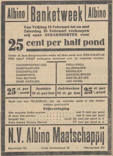 Advertentie van de NV Albino Maatschappij. Uit het Leeuwarder Nieuwsblad : goedkoop advertentieblad van 17 feb. 1927. Bron: Historische Kranten, KB. 