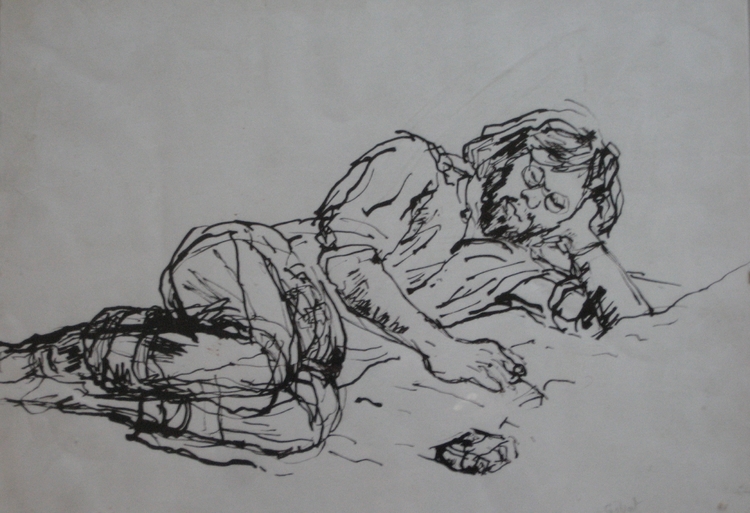  Pentekening door Martien Wilcke van Pieter liggend op het bed (met sigaret), ± 1975 
