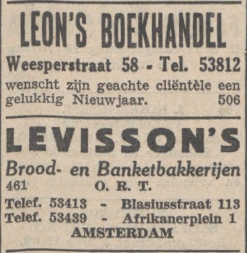 Advertentie. Voor bakker Levisson, die inmiddels ook een filiaal heeft inde Blasiusstraat (waar hij overigens ook met zijn gezin woonde (nummer 113 één hoog). Bron: NIW 13 09 1939 (via Delpher). 
