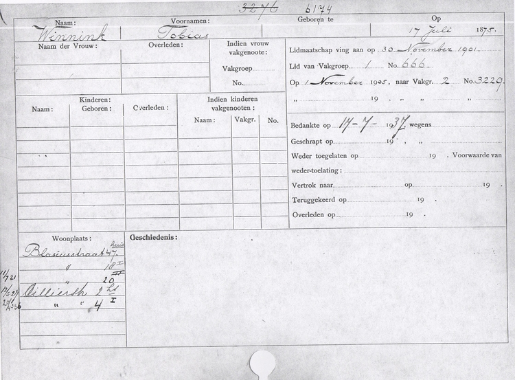 Lidmaatschapskaart van Tobias Winnink. Voorblad van de lidmaatschapskaart van de ANDB. Bron: IISG. 