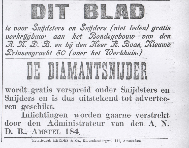 Advertentie. Deze advertentie uit De Diamantsnijder (zie hierboven) geeft aan voor wie deze krant was bedoeld.<br />Bron: IISG. 