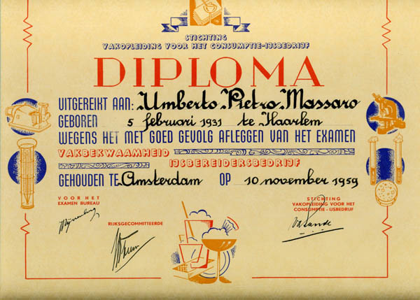 De diploma ijsbereiding van Umberto Massaro  <p>Vakdiploma van Giovanni's vader.<br />
foto Giovanni Massaro.</p>