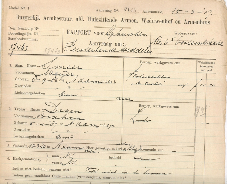 Dossier Meijer Smeer. Stadsarchief Amsterdam: Burgerlijk Armbestuur, afd. Huiszittende Armen, Weduwenhof en Armenhuis, onder stamboeknummer: 37463 