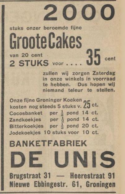 Advertentie voor Banketfabriek ‘De Unis’ Uit het Nieuwsblad van het Noorden van 03 mrt.1933.<br />Bron: Historische Kranten, KB. 