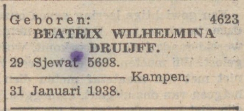 Geboorte dochter Beatrix Wilhelmina van Meijer en Mirjam Druijff. Bron: NIW van 04 februari 1938. Historische kranten, KB. 