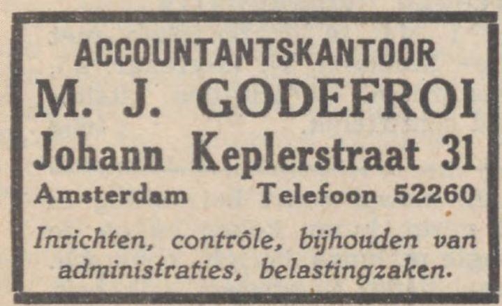 Advertentie van M.J. Godefroi, nieuw adres. Deze advertentie komt uit het Nieuw Israëlitisch Weekblad van 04 februari 1938. Bron: Historische Kranten KB. 