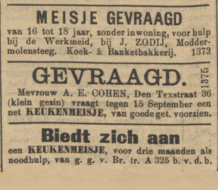 'Flink meisje gevraagd' voor de bakkerij! Deze advertentie uit het Nieuw Israëlitisch Weekblad is van 4 augustus 1905. Bron: Historische kranten, KB. 