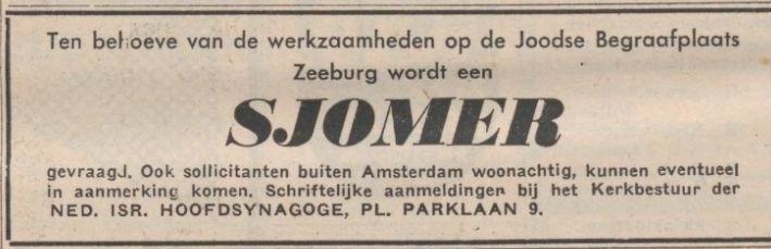 Gevraagd, een Sjomer! Bron: Nieuw isr. Weekblad van 8 ferbuari 1957. Historische Kranten, KB. 