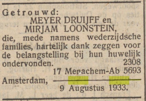 Huwelijk Meijer Druijff Bron: NIW van 11 augustus 1933. Historische kranten, KB. 
