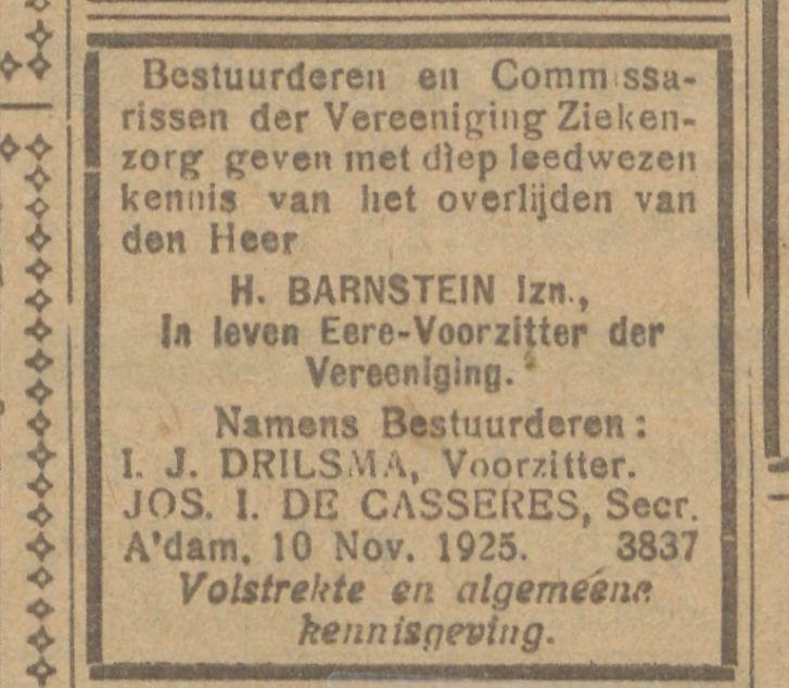 Overlijdensbericht. Overlijden van Heiman Barnstein, uit het NIW van 13 november 1925. Historische kranten,KB. 