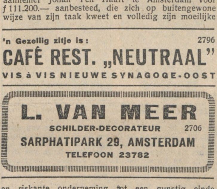 Schilder en decorateur L. van der Meer. Advertentie uit het Nieuw Israëlitisch Weekblad van 14-09-1928. Bron: historische kranten, KB. 