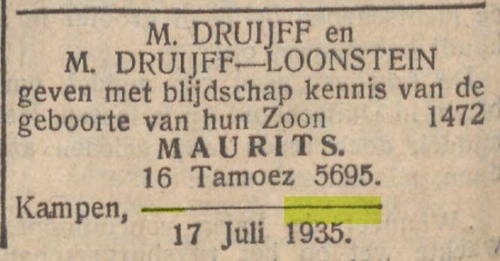 Geboorte van Maurits zoon van Meijer Druijff en Mirjam Druijff-Loonstein. Bron: NIW van 19 juli 1935. Historische kranten, KB. 