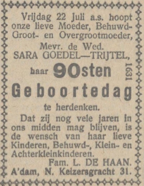 Familiebericht 90ste verjaardag (daar is ze al weduwe!). Bron: Nieuw Israelietisch weekblad van 22-07-1927. Historische Kranten, KB. 