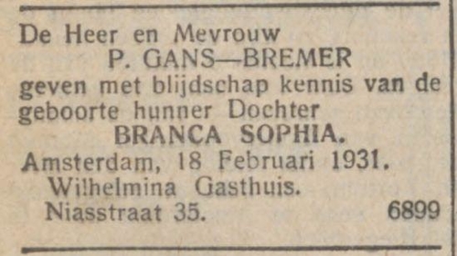 Geboorte Branca Sophia Gans! Bron: het NIW van .. februari 1931 (via Delpher). 