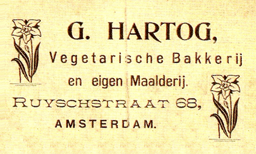Een oude Hartogreclame. Het brood was uitdrukkelijk vegetarisch. De foto, genomen in het begin van de 20e eeuw, is overgenomen uit het boek "Volkorenbrood.nl'.  