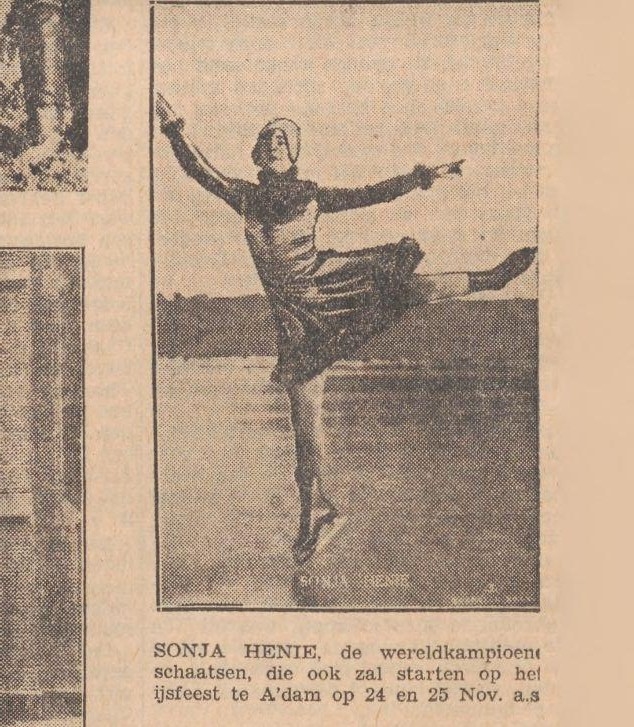 Sonja Henie. Sonja Henie,  de wereldkampioene schaatsen, die ook zal starten op hel ijsfeest te Adam op 24 en 25 Nov. a.s. Uit: Nieuwe Tilburgsche Courant van 21-11-1934.<br />Bron: Historische Kranten, KB. 