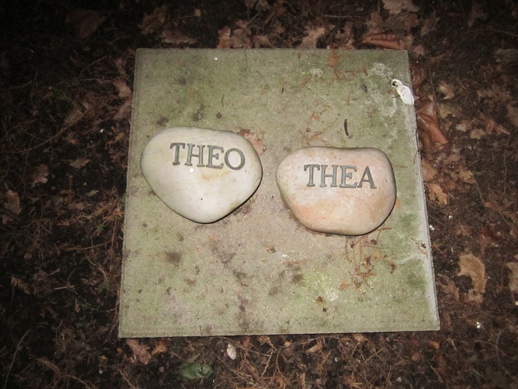 Het grafsteentje voor de 2 mollen. .<br />De 2 mollen die hier begraven liggen zijn per ongeluk door personeel van de Nieuwe Ooster overreden. Men heeft ze hier begraven en er een steentje bij gezet. Ze kregen als namen Theo en Thea. 