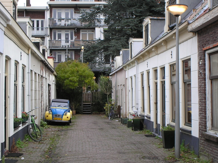  De Linnaeusdwarsstraat (de Hibsekrib) anno 2005. Dit achterste gedeelte bestaat nog uit de oorspronkelijke woningen. Op de achtergrond het trappetje naar de Linnaeusparkweg. (foto Jo Haen) 