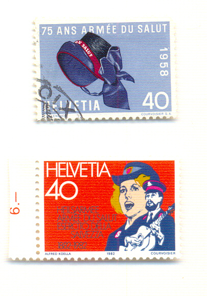  2 Postzegels met het Leger des Heils als onderwerp. Op de bovenste een fraaie afbeelding van de bekende hoed.<br />(postzegels eigendom Henk de Koning) 