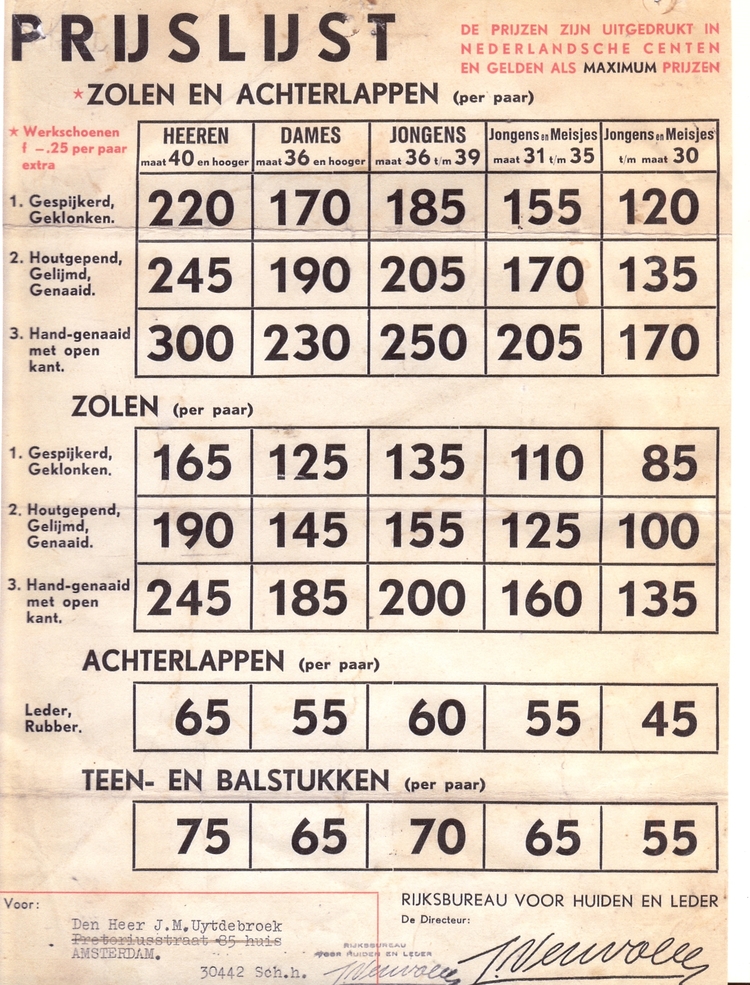  Een oude prijslijst uit de winkel van Joop's vader (rond 1940) die toen nog  de naam Uytdebroek droeg. Achterlappen zijn hakken 