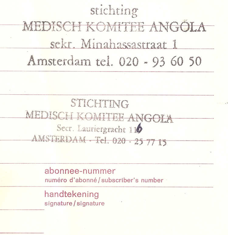  Verhuiskaart van het Medisch Komitee Angola naar de Minahassastraat 1.<br />Kaart: Pieter Bol 