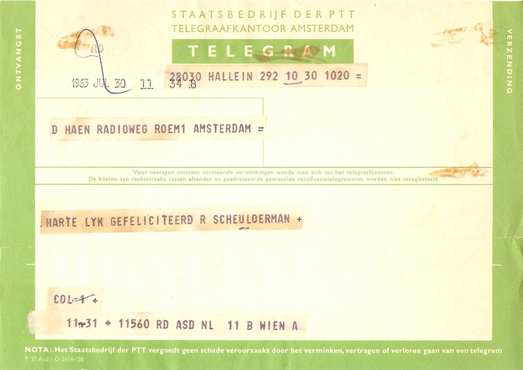 Voorbeeld van een telegram. Dit telegram dateert uit 1963 en is beschikbaar gesteld door Jo Haen. 