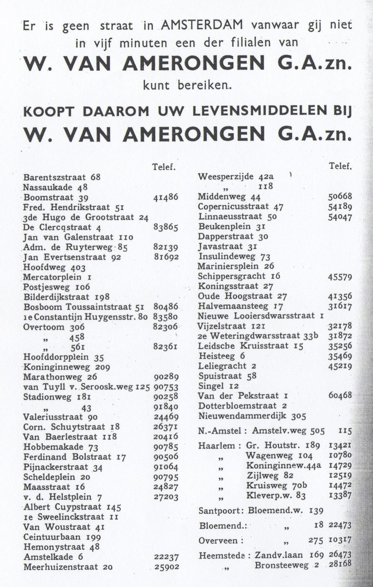 VANA-filialen. Overzicht van vele VANA filialen in Amsterdam. Er zouden er nog meer bijkomen, mogelijk dat daarom Het Krugerplein niet / nog niet wordt genoemd.<br />Bron: De Schakel, sept 1932 (SAA). 