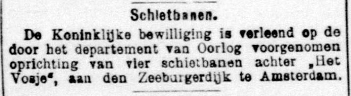 Oprichting schietbaan. Deze aankondiging in De Telegraaf is van 14 juli 1898. Bron: Historische kranten, KB. 