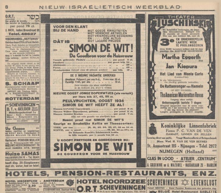 Simon de Wit! - Advertentie uit het Nieuw Israelietisch Weekblad van 10 augustus 1934.<br />Bron: Historische Kranten, KB. 