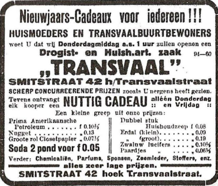 Smitstraat 42 hoek Transvaalstraat Drogist Transvaal-  29-12-1926  