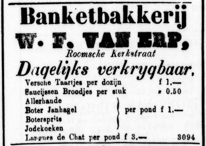 Advertentie voor Bakkerij W.F. van Erp. Uit: Soerabaijasch handelsblad van 15 sept.1884. Bron: Historische Kranten, KB. 