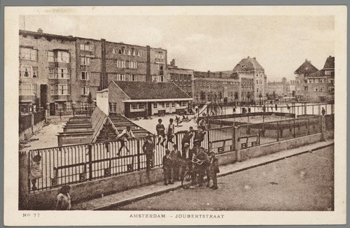 De speeltuin in de Joubertstraat. De foto is gemaakt in ongeveer 1935 en geeft een beeld van de speeltuin in de Joubertstraat. De foto is afkomstig uit de collectie van Jaap van Velzen en is geplaats met toestemming van het JHM. 