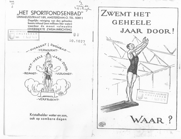 Brochure van het Sportfondsenbad. Deze tekening(en) zijn van David Bueno de Mesquita. bron: Klein materiaal, GAA. 
