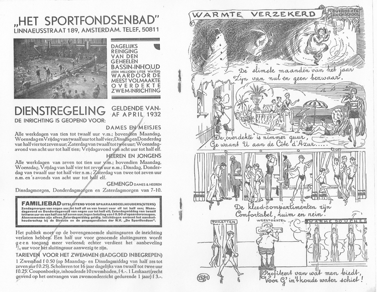 Brochure van het Sportfondsenbad. Deze tekening(en) zijn van David Bueno de Mesquita. bron: Klein materiaal, GAA. 