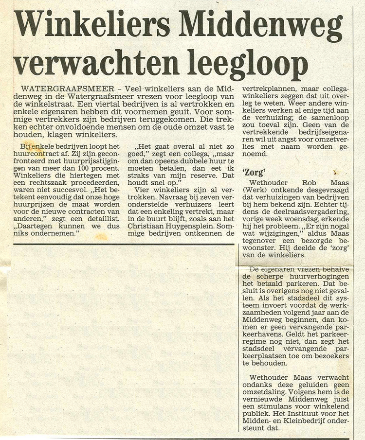 22 november 1995 - Winkeliers Middenweg verwachten leegloop  