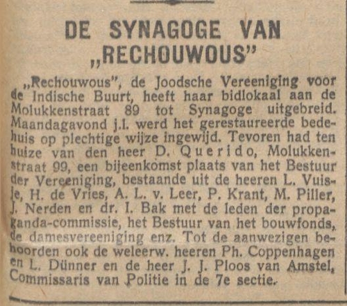 De synagoge van Rechouwous Molukkenstraat 89, bron: het NIW van 08 september 1926, Historische kranten, KB. 
