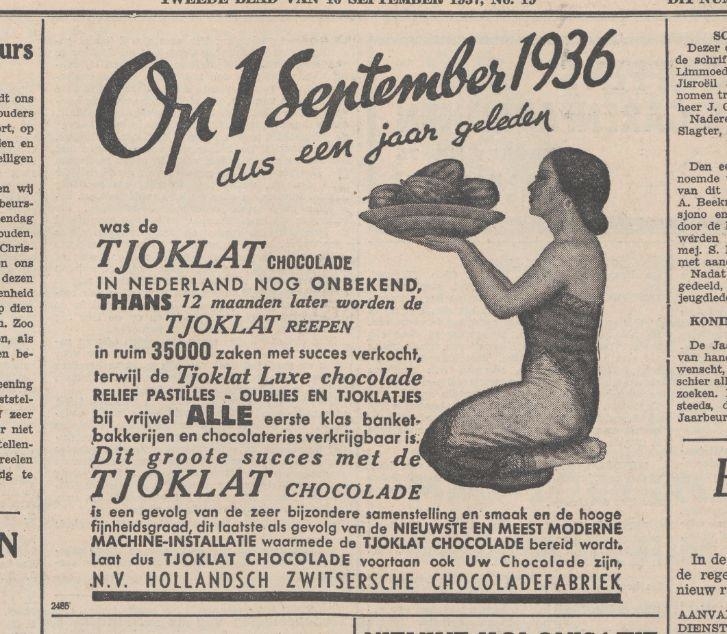 Tjoklat reclame. Advertentie voor Tjoklat chocolade uit het: Nieuw Israelietisch weekblad van 10 september 1937. Bron: Historische kranten, KB. 